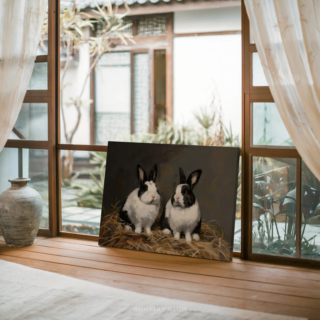 Leinwandbild mit schwarz-weißem Kaninchen – Rustikales Frühlingsmotiv im Landhausstil mit holländischem Hasenmotiv