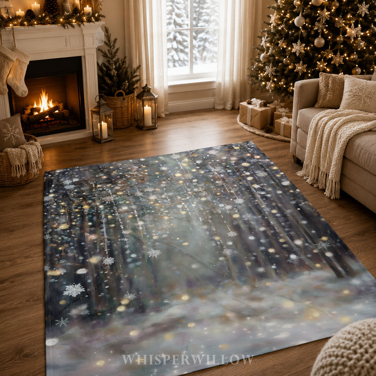 Winter Forest Snowflake Plush Throw Blanket | Glitter Look Woodland Holiday Cozy Shimmer Neutral Christmas Decor Gift