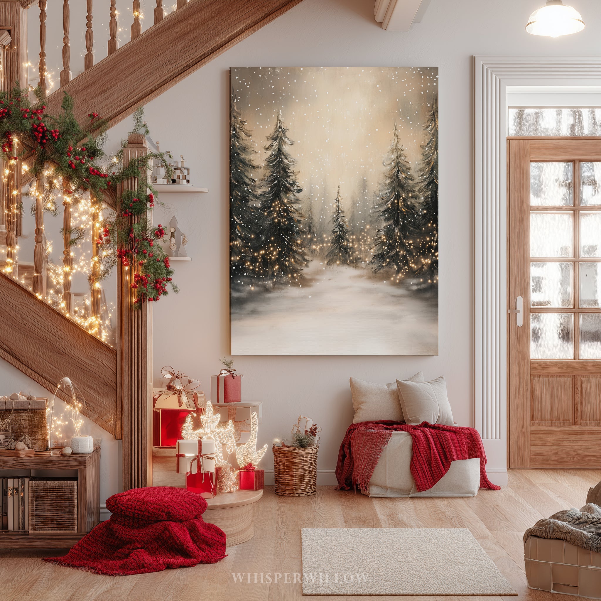 Leinwandbild Winterwald mit Lichterketten | Verschneite Kiefernwaldszene | Rustikale Weihnachtsdeko