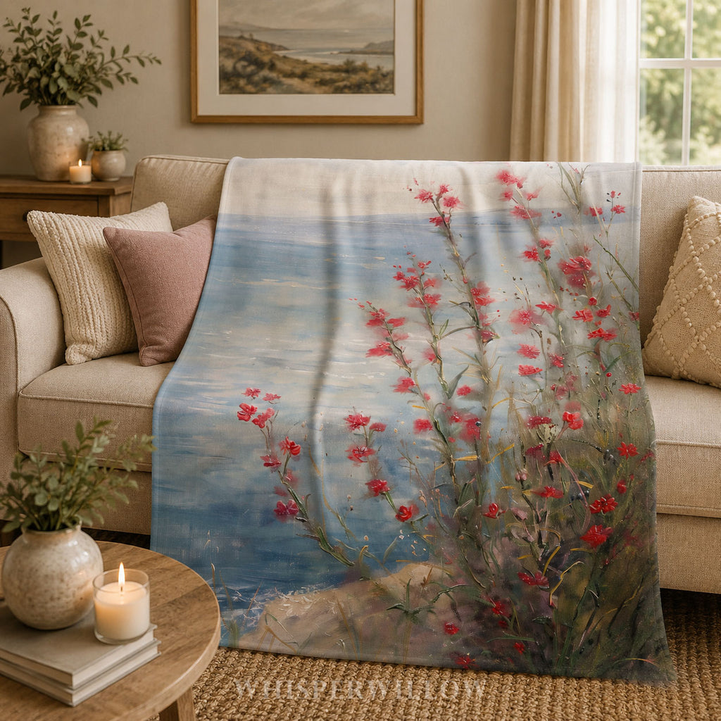 Coastal Wildflower Throw Blanket - Red Floral Seaside Ocean Gift