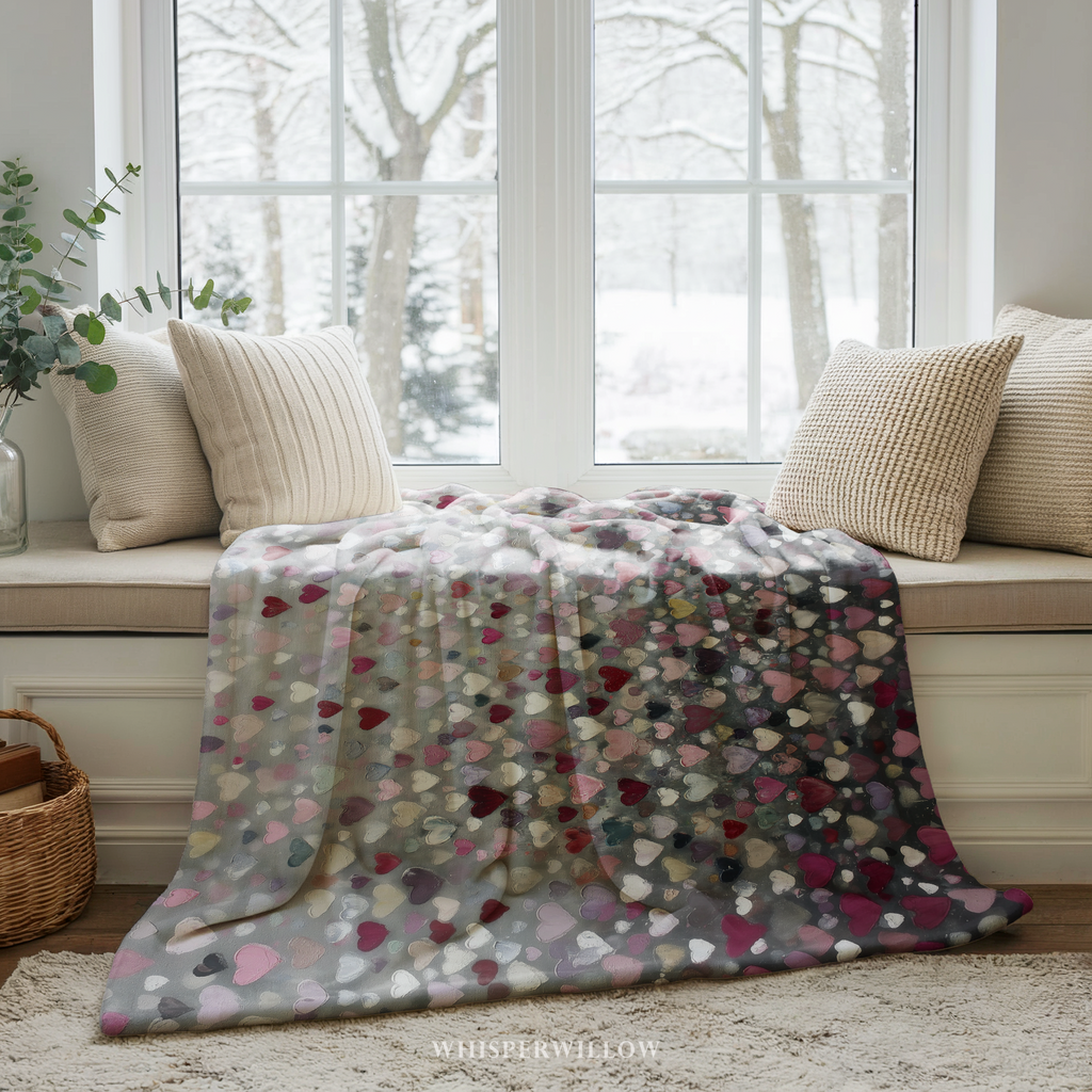 Abstract Heart Throw Blanket - Plush Cozy, Valentines Day Home Decor, Romantic Gray, Red, Pink Love Pattern Gift WhisperWillow Studios Home Decor Gift