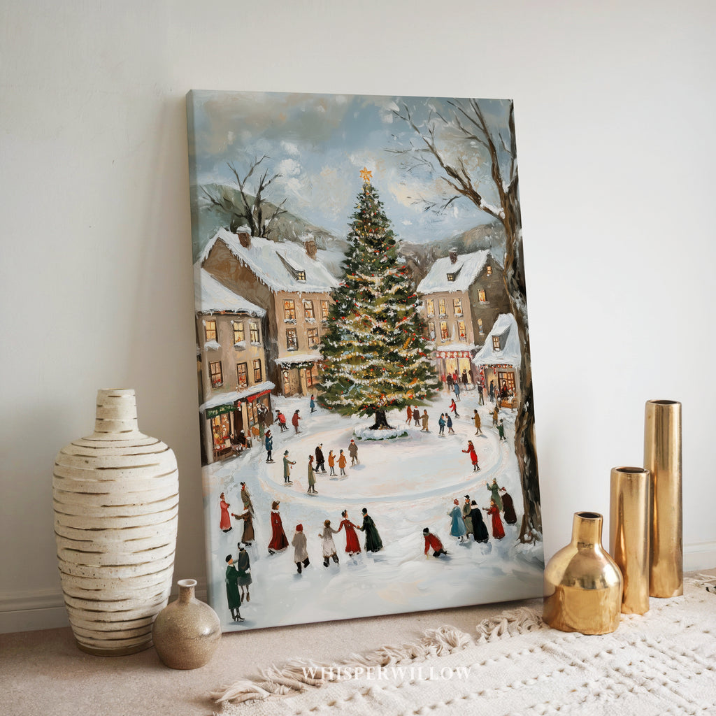 Weihnachtsdorf-Eislauf-Leinwandbild – Vintage-Weihnachtsdorfplatz, nostalgische Winterdekoration
