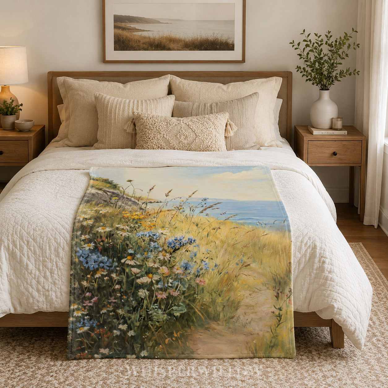Coastal Wildflower Path Plush Throw Blanket - Ocean Meadow Landscape Gift
