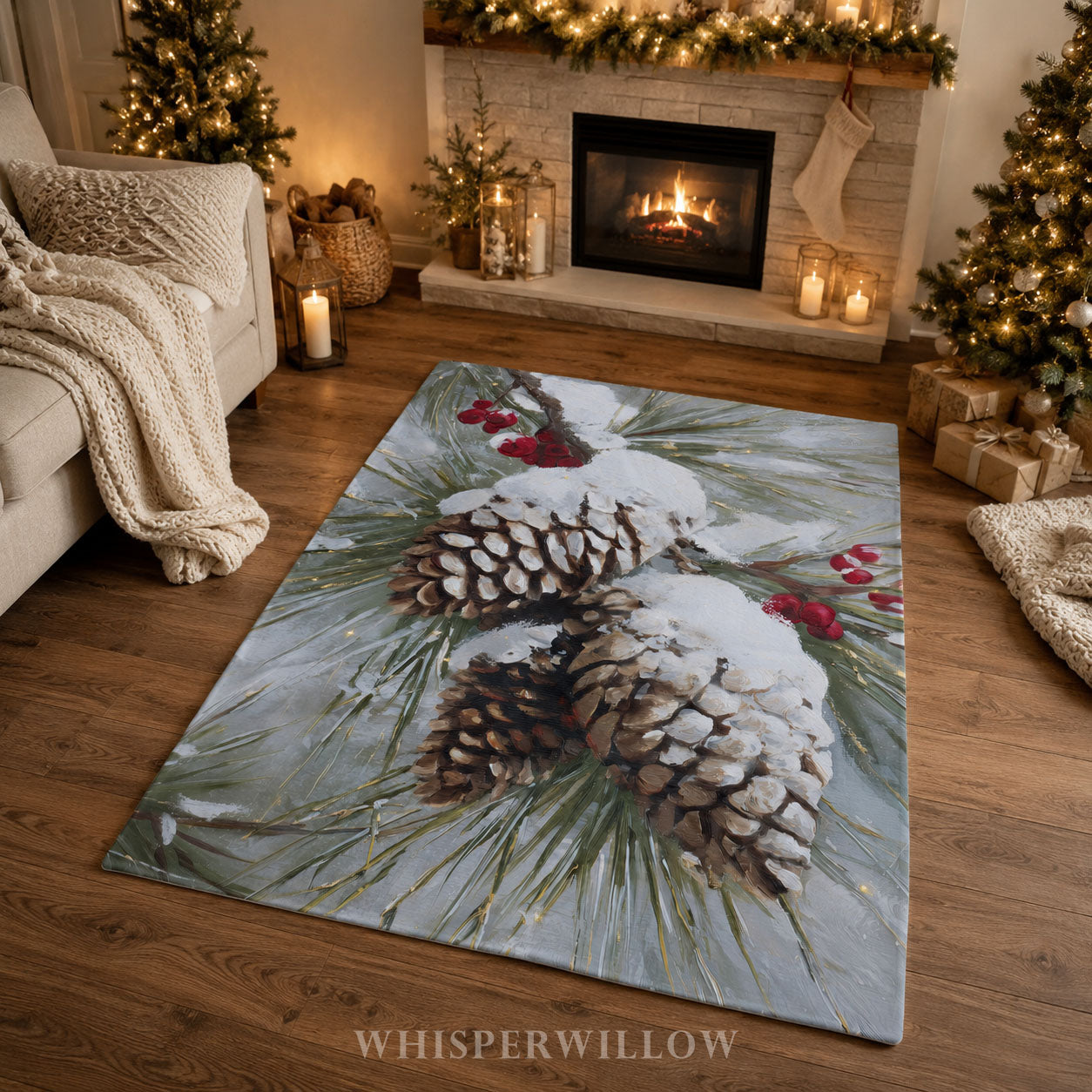 Snowy Pinecone Throw Blanket - Evergreen Red Berry Winter Gift