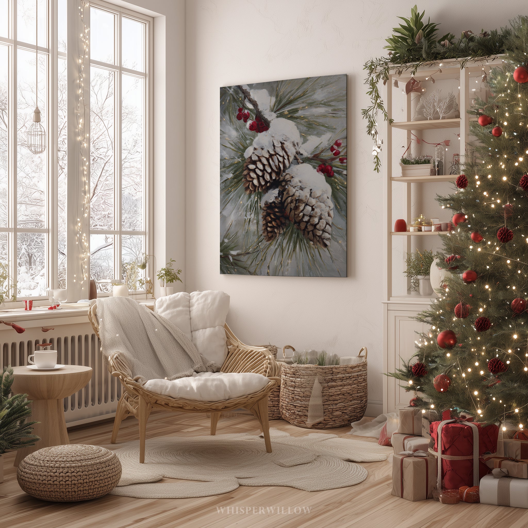 Leinwandbild mit verschneiten Kiefernzapfen – Winterliche rote Beeren, rustikale Weihnachtsdekoration im Waldstil