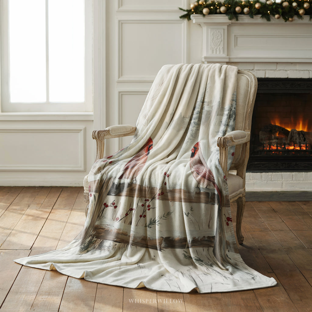 Winter Cardinal Birds Throw Blanket - Snowy Fence Rustic Gift