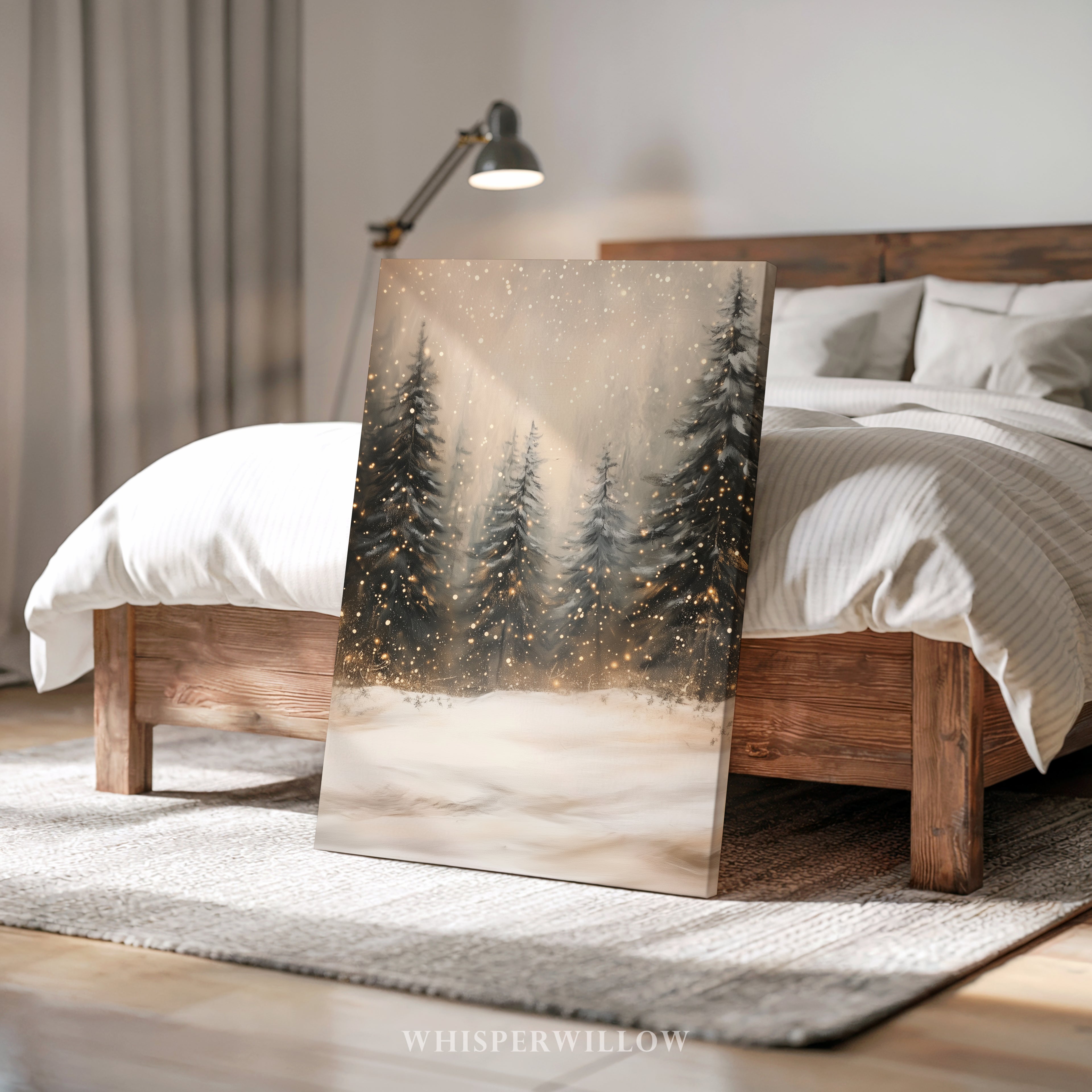 Winterliches Leinwandbild | Verschneiter Kiefernwald mit funkelnden Lichtern | Gemütliche, rustikale Weihnachtsdeko – das perfekte Geschenk für Ihr Zuhause