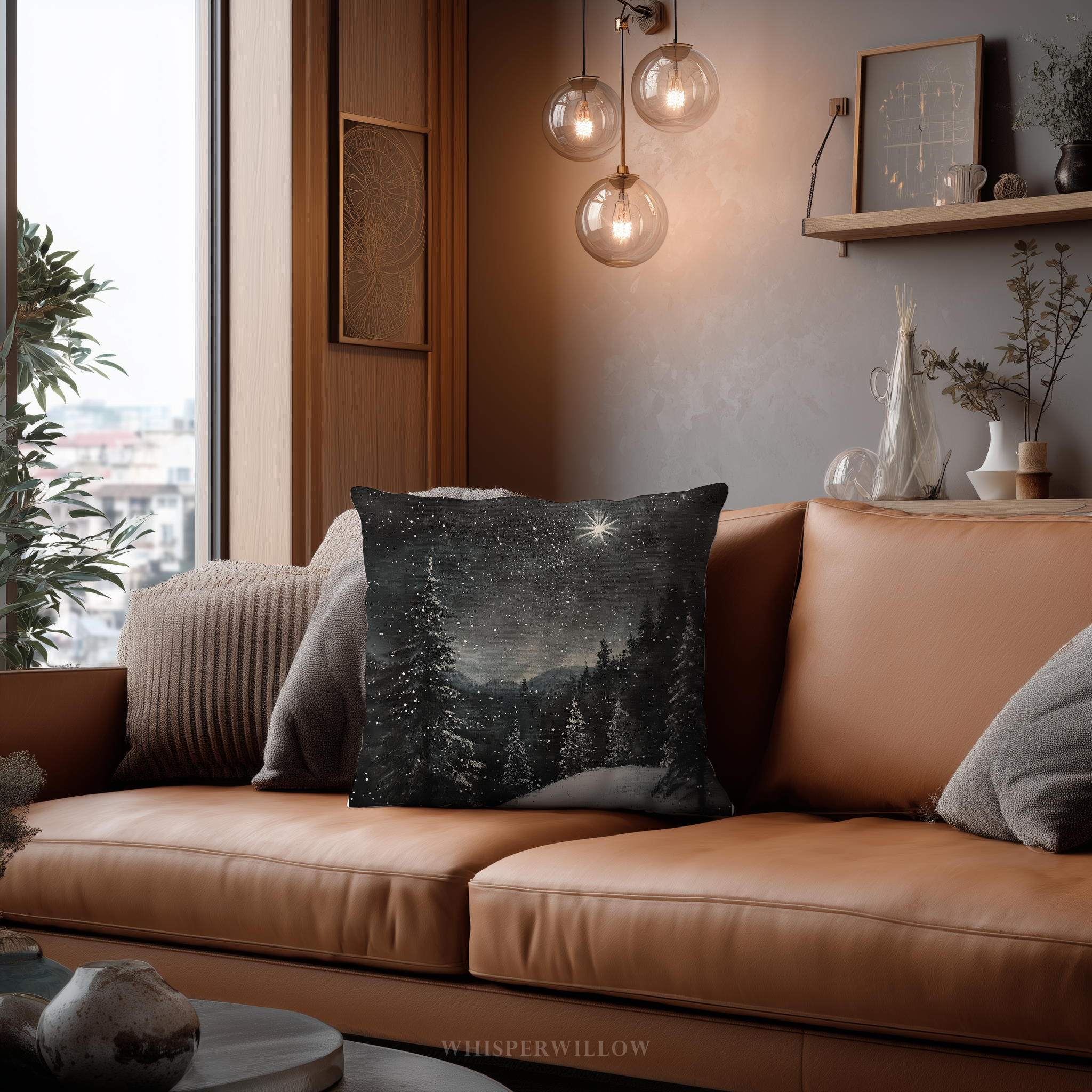 Dekokissen „Sternenklare Winternacht“ – Verschneite Waldlandschaft mit Polarstern