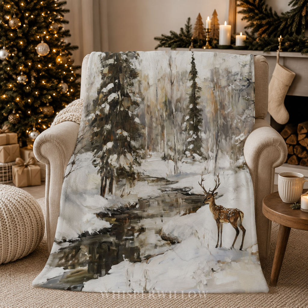 Winter Deer Forest Plush Throw Blanket - Snowy Woodland Stream Gift, Christmas Decor