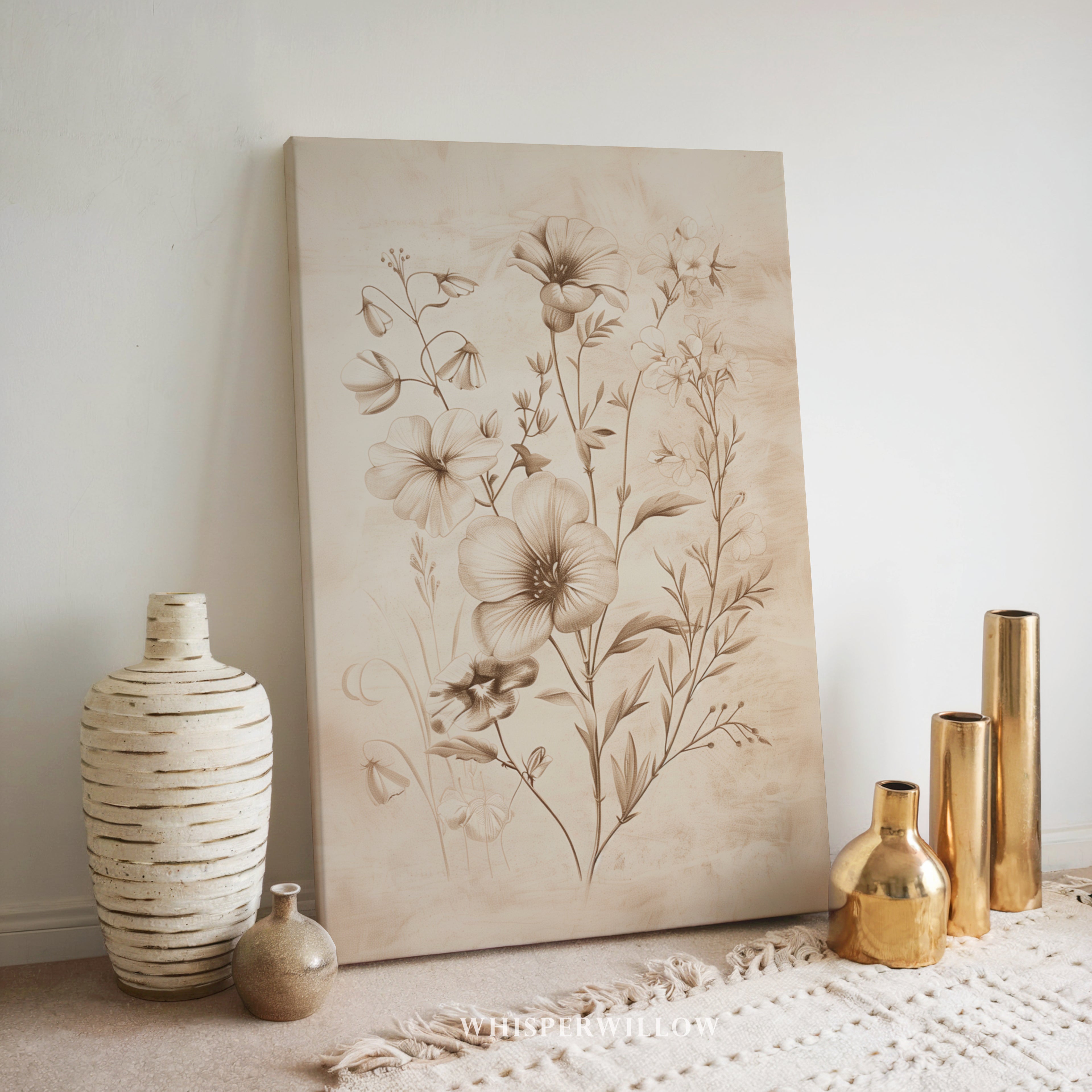 Vintage-Wandbild mit floralem Sepia-Ton – Elegante botanische Strichzeichnung einer Blume