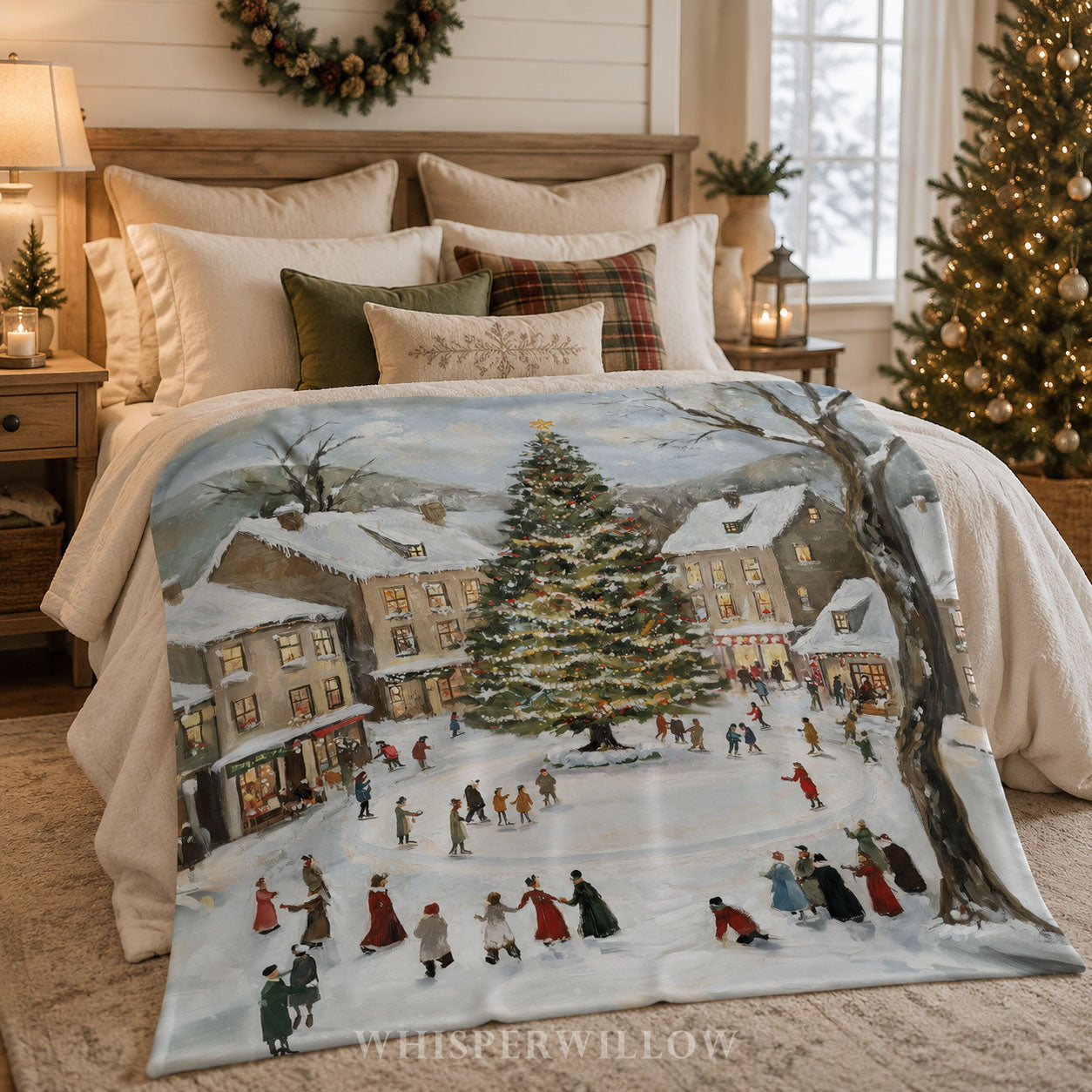 Snowy Village Christmas Throw Blanket - Winter Tree Ice Skating Gift by WhisperWillow Studios