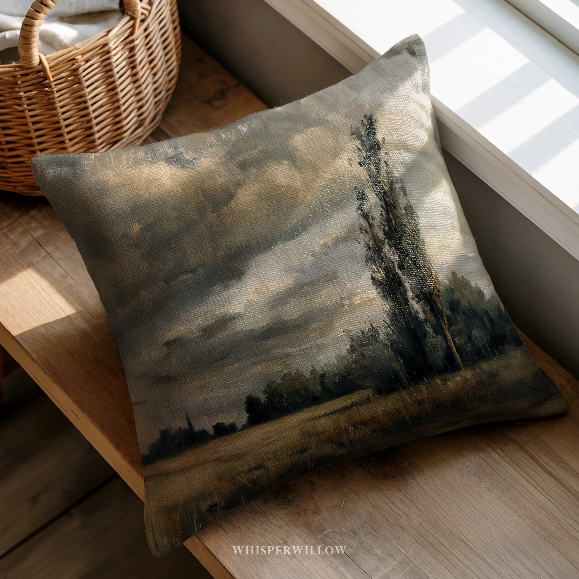 Moody Countryside Throw Pillow - Stormy Cloud Landscape with Field and Tree Cushion by WhisperWillow Studios Home Decor Gift