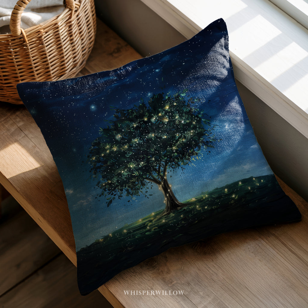 Glowing Firefly Tree Throw Pillow - Magical Night Sky with Starry Lights Cushion by WhisperWillow Studios Home Decor Gift