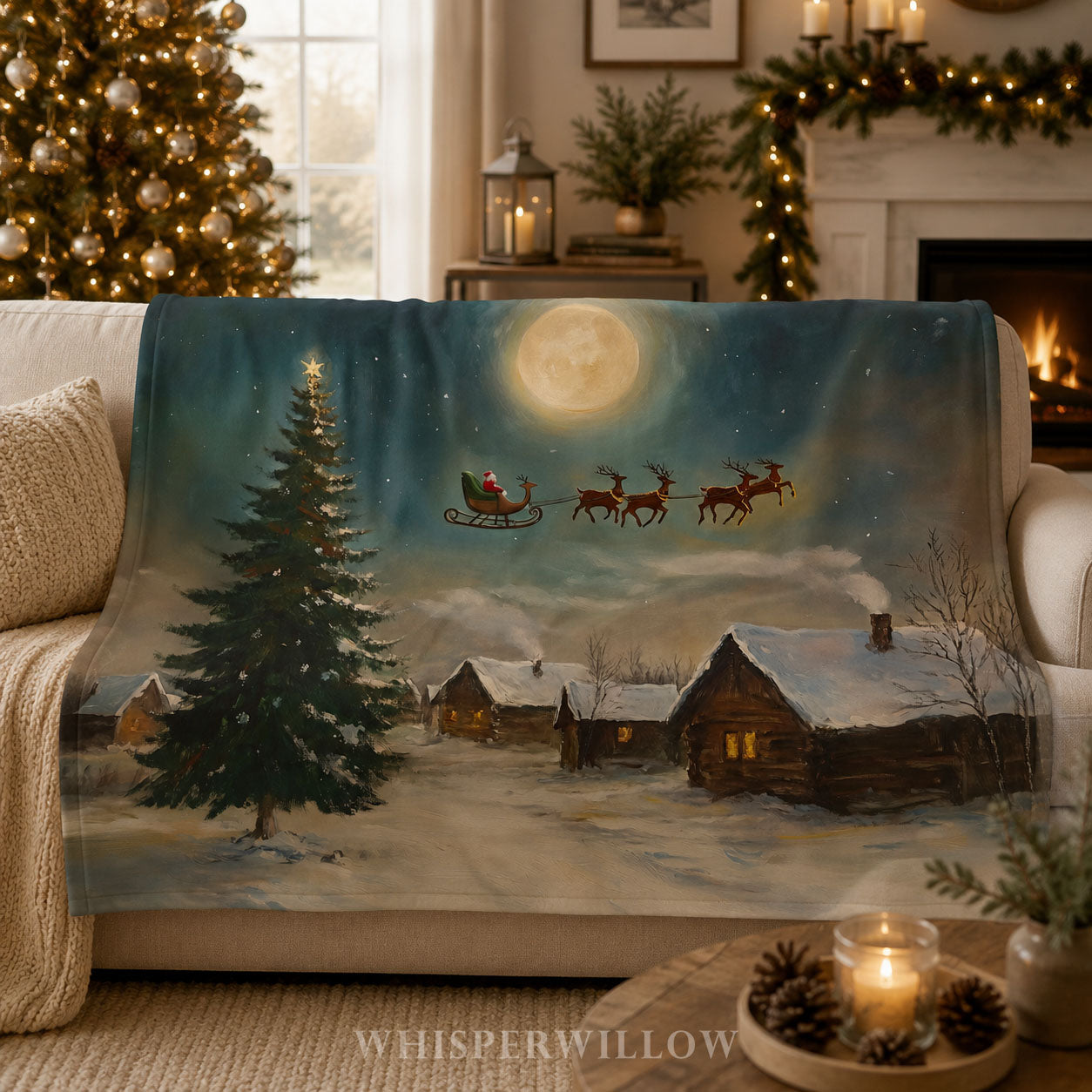 Christmas Santa Sleigh Throw Blanket - Reindeer Moonlit Village Gift
