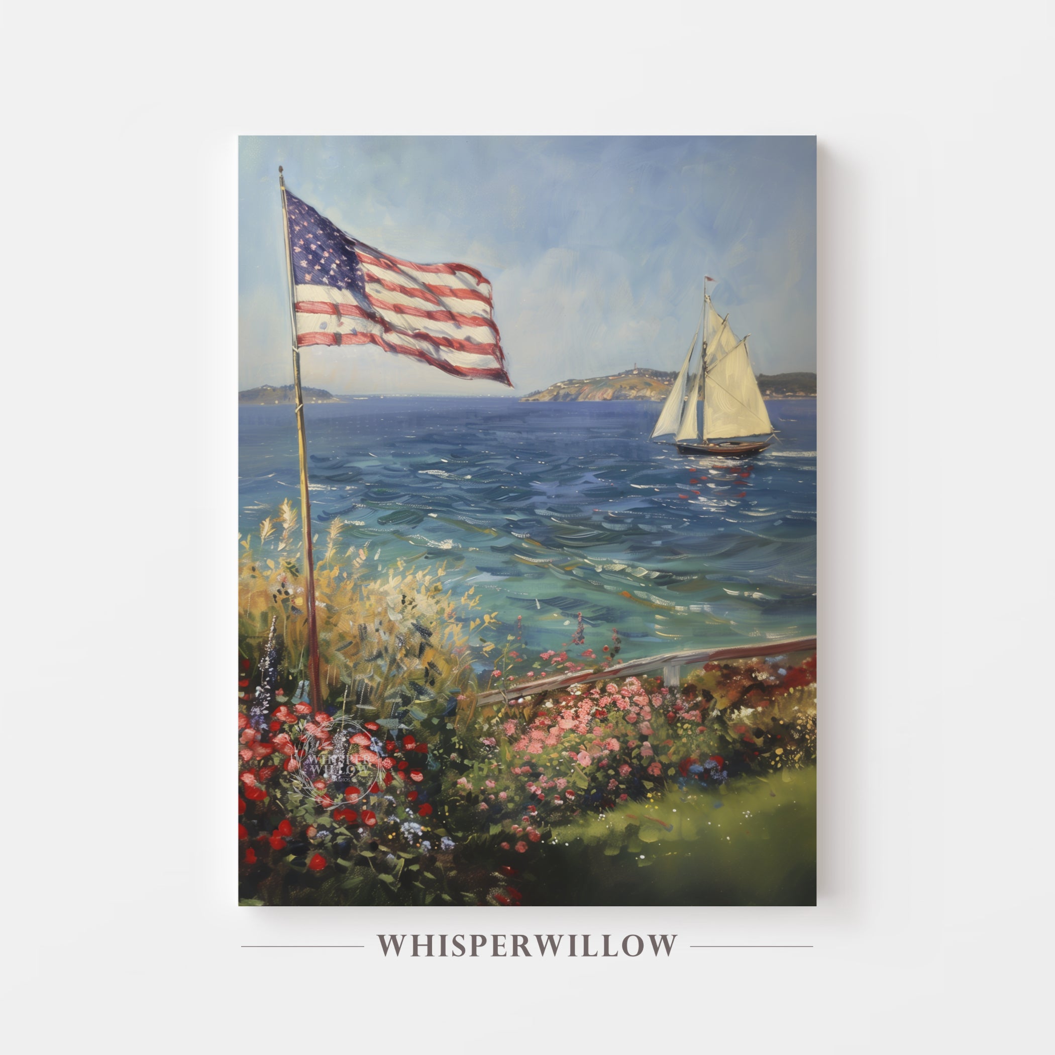 Patriotic American Flag with Ocean and Sailboat Canvas Wall Art Home Decor Gift