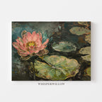 Leinwandbild mit rosa Lotusblume – Seerosenblätter, botanisch, modern-impressionistisch