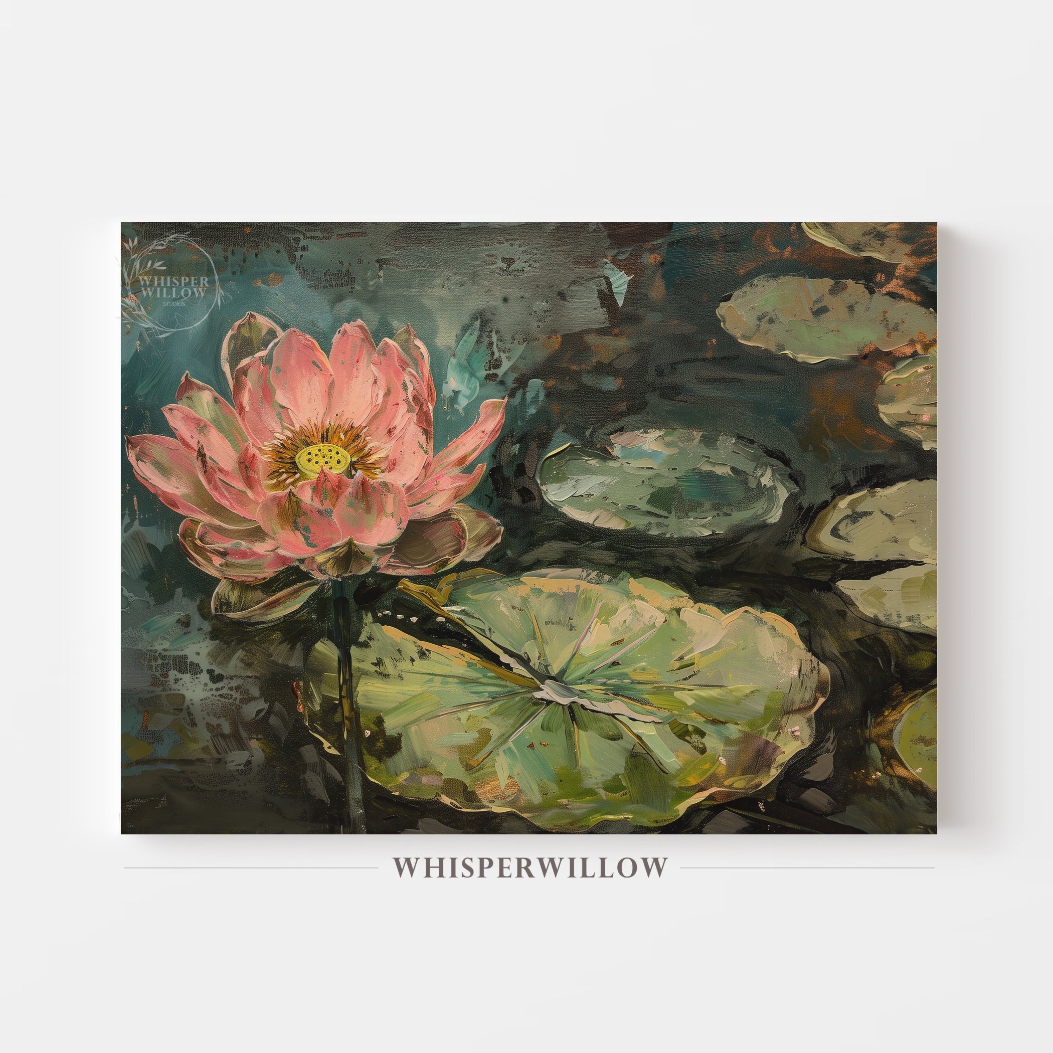 Leinwandbild mit rosa Lotusblume – Seerosenblätter, botanisch, modern-impressionistisch