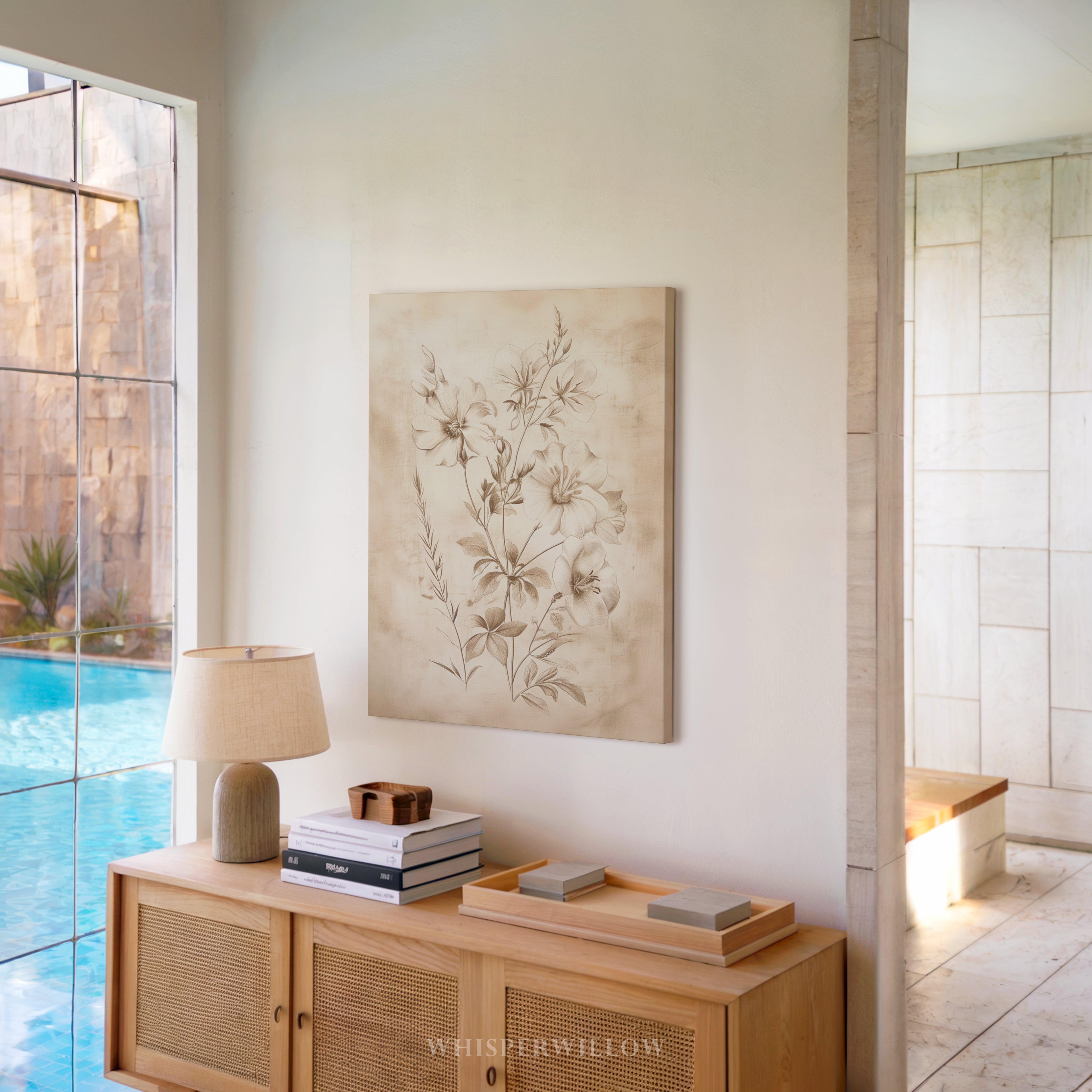 Vintage Floral Pencil Sketch Canvas Art - Neutral Botanical Sepia Flower Illustration