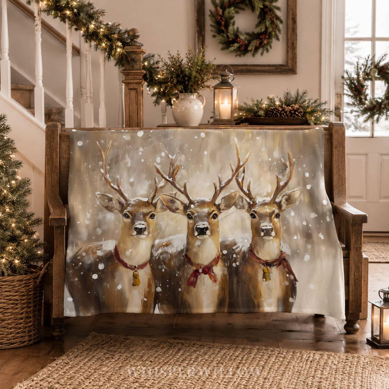 Snowy Reindeer Trio Plush Throw Blanket | Festive Woodland Christmas Lodge Cozy Holiday Decor Gift | Rustic Winter Animal Bells