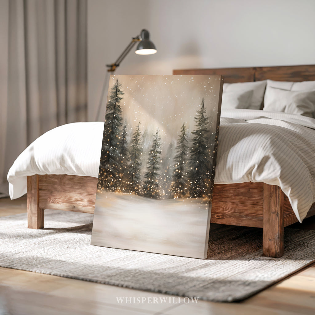 Winterliches Leinwandbild | Verschneiter Wald mit funkelnden Lichtern | Gemütliche, rustikale Weihnachtsdeko – das perfekte Geschenk für Ihr Zuhause