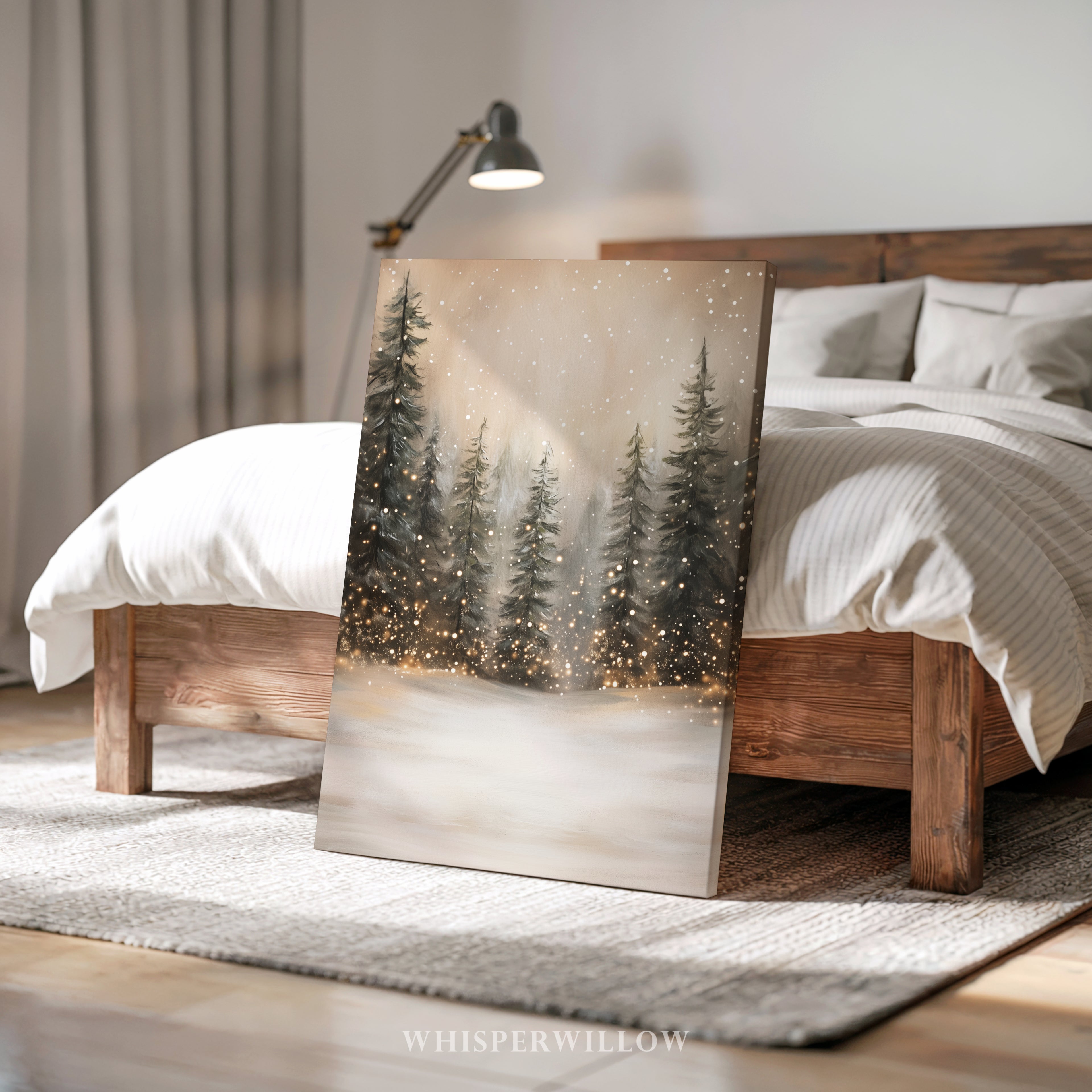 Winterliches Leinwandbild | Verschneiter Wald mit funkelnden Lichtern | Gemütliche, rustikale Weihnachtsdeko – das perfekte Geschenk für Ihr Zuhause