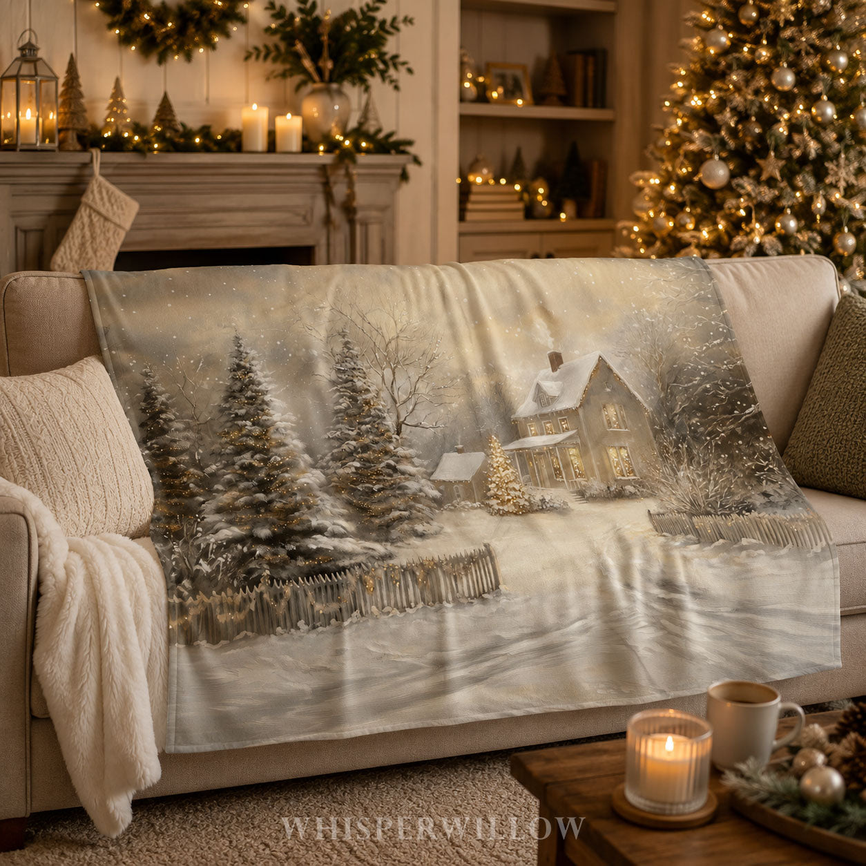 Enchanted Winter Cottage Throw Blanket - Christmas Lights Snowy Forest Gift