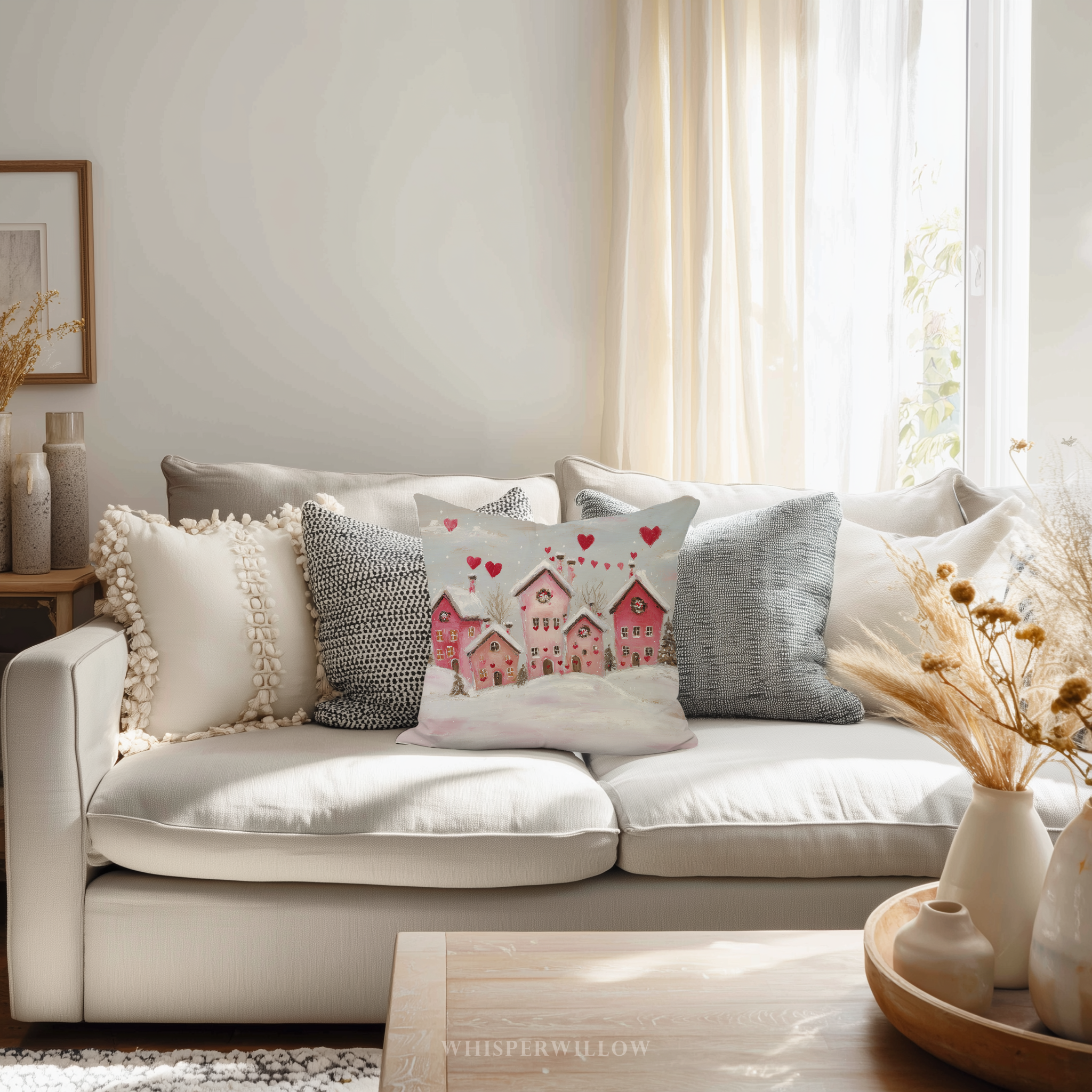 Coussin décoratif Saint-Valentin sur le thème du village d'hiver | Motif maisons en forme de cœur | Coussin cadeau romantique enneigé