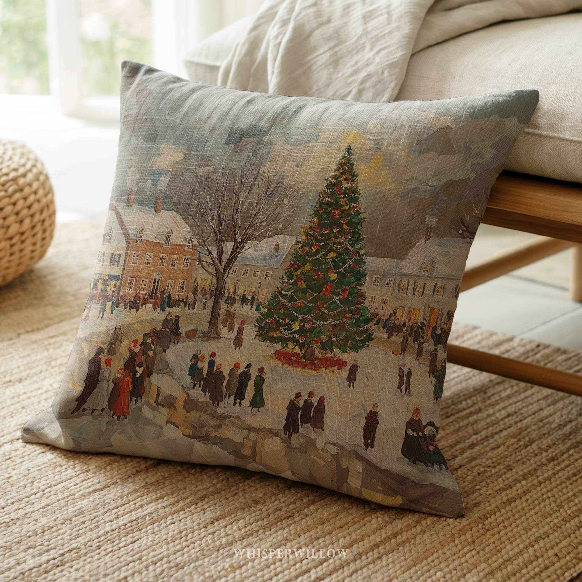 Festliches Dekokissen – Kissen mit Winterdorf-Weihnachtsbaum