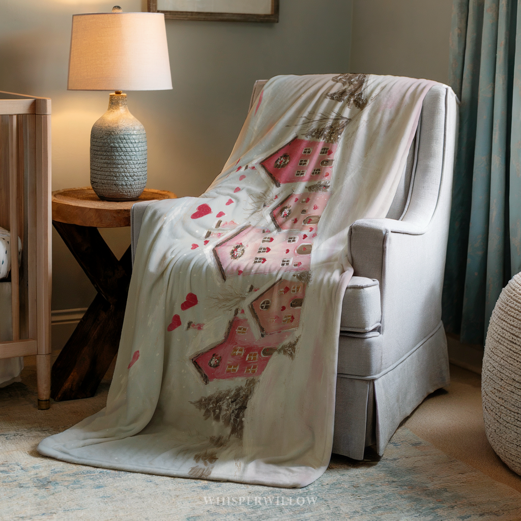 Valentinstag-Kuscheldecke „Rosa Dorf“ – Herz-Schnee, gemütliches romantisches Winter-Geschenk mit verspielten Liebeshäusern