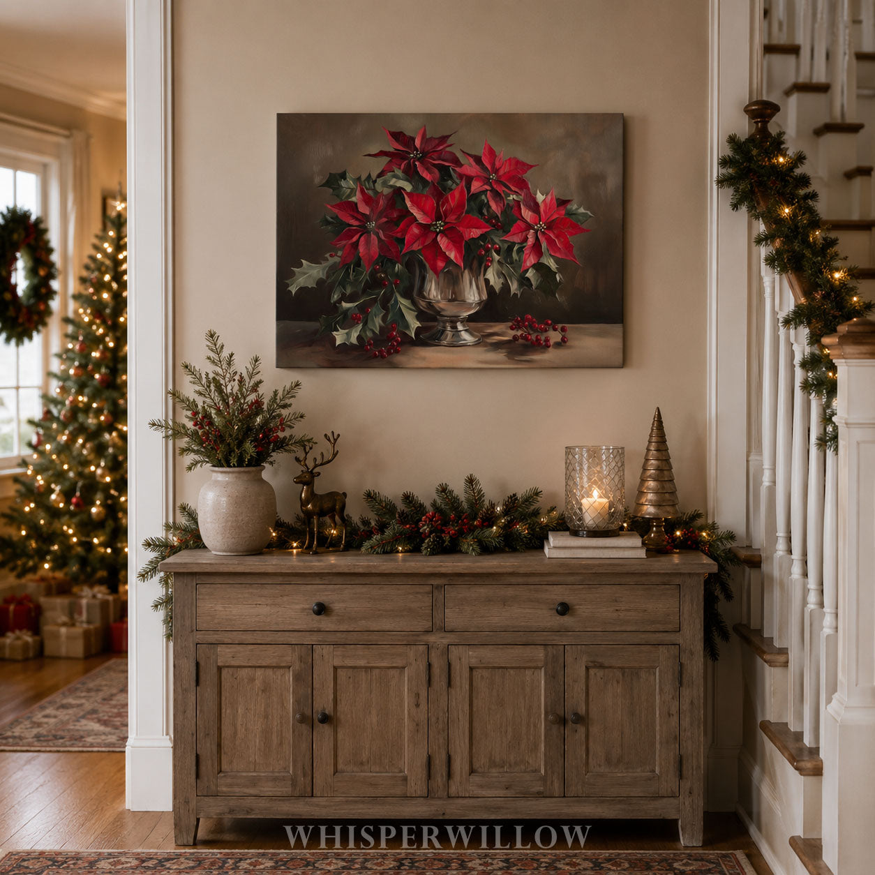 Christmas Canvas Wall Art | Red Poinsettia Floral Silver Vase | Botanical Winter Holiday Home Decor Gift