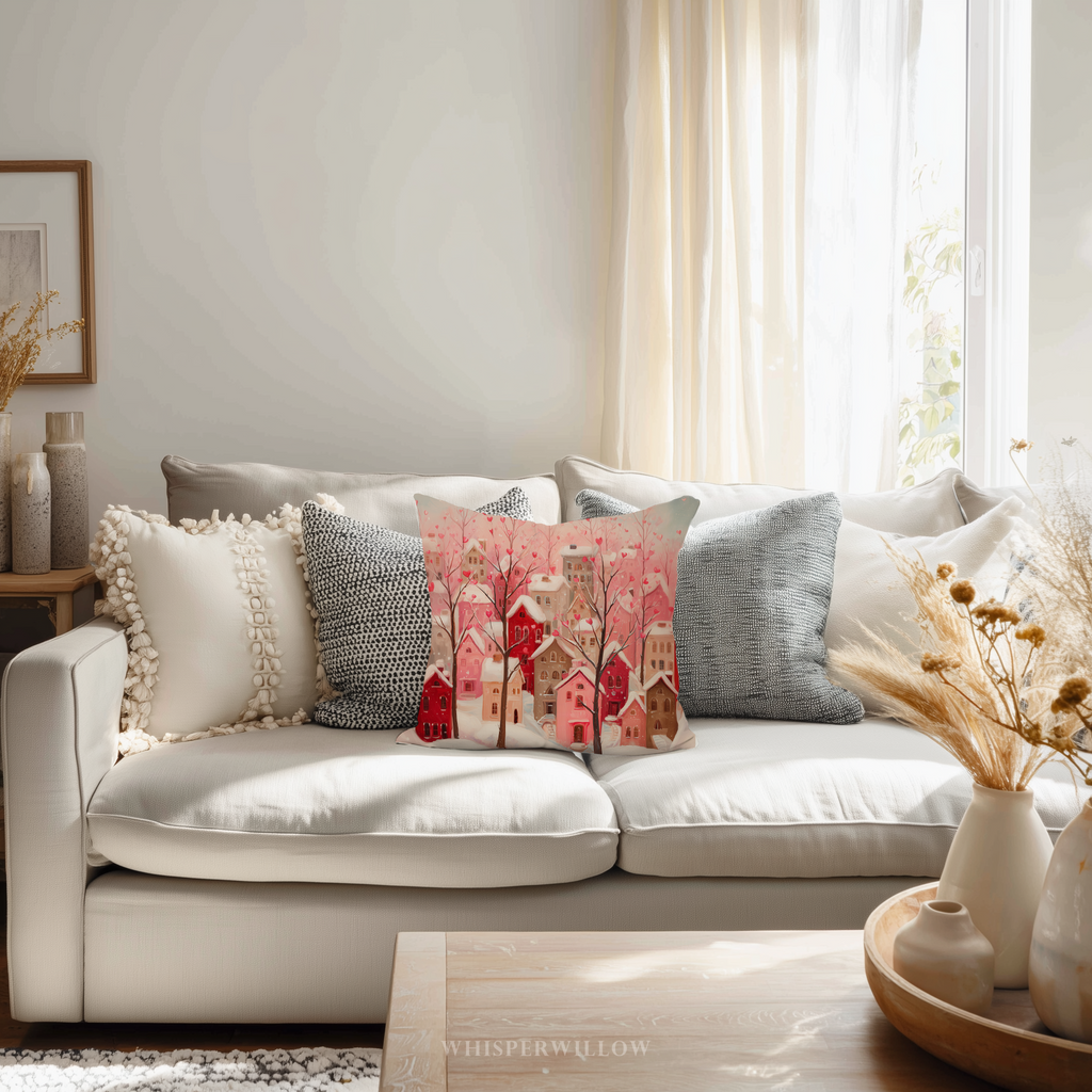 Dekokissen „Herzdorf zum Valentinstag“ | Rosa Winterdeko | Romantisches und verspieltes Geschenk