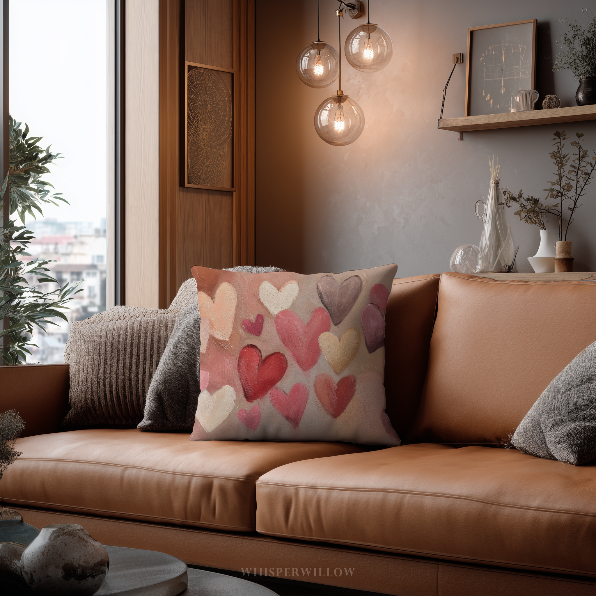 Blush heart abstract throw pillow with pink and cream painted hearts on white background