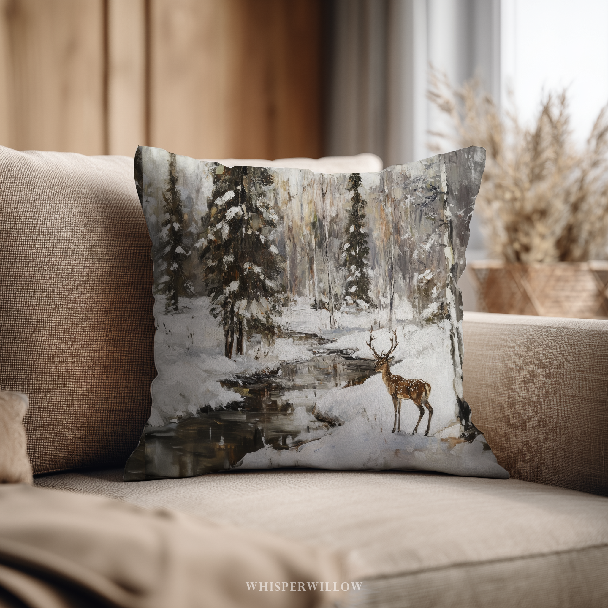 Winterliches Hirsch-Schneewald-Dekokissen - Woodland Creek Hüttenkissen