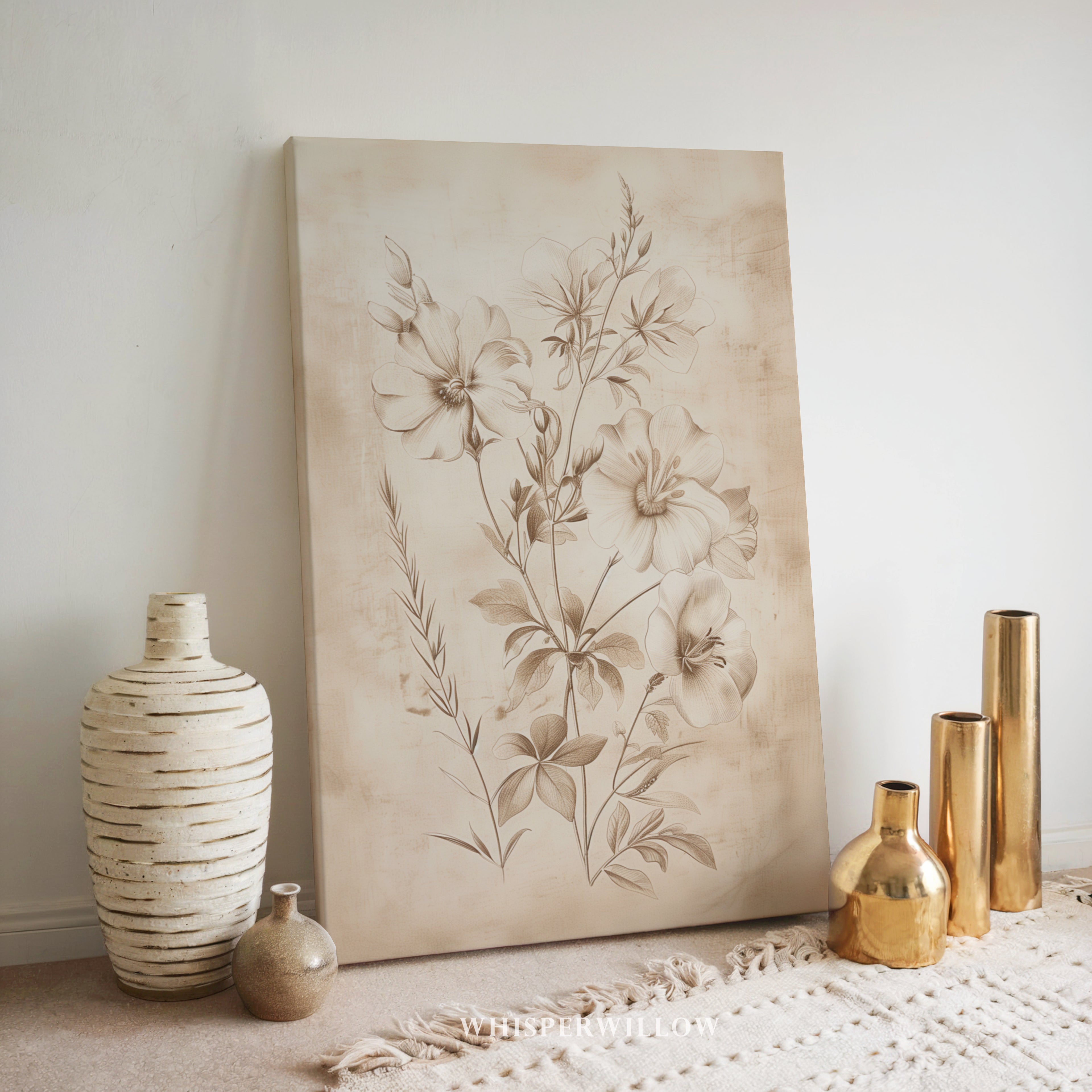Vintage Floral Pencil Sketch Canvas Art - Neutral Botanical Sepia Flower Illustration