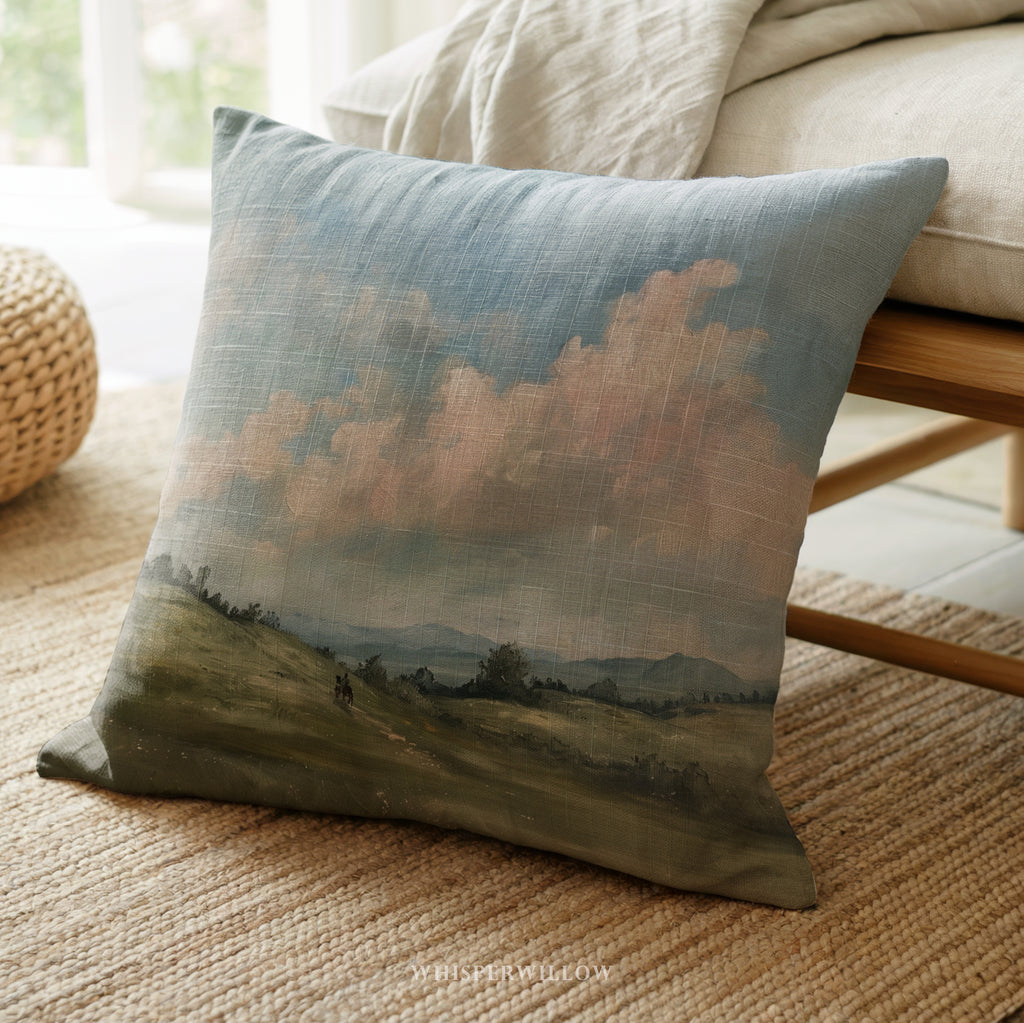 Country Horse Meadow Throw Pillow - Pastel Cloudscape Landscape Cushion WhisperWillow Studios Home Decor Gift