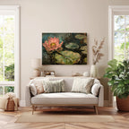 Leinwandbild mit rosa Lotusblume – Seerosenblätter, botanisch, modern-impressionistisch