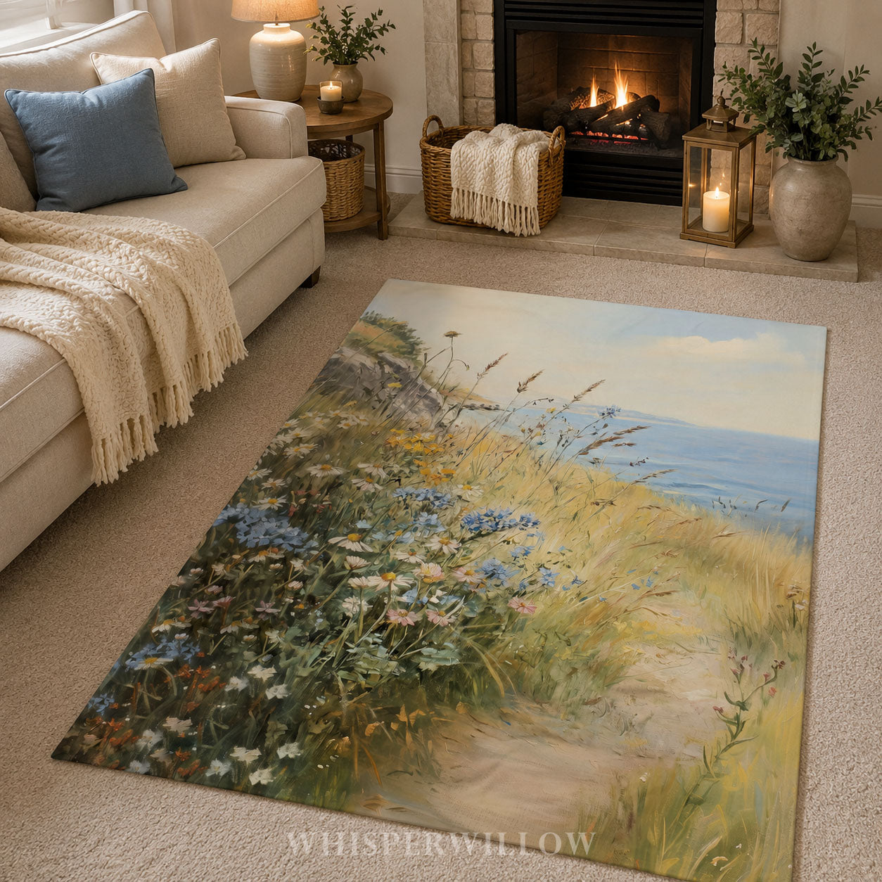 Coastal Wildflower Path Plush Throw Blanket - Ocean Meadow Landscape Gift