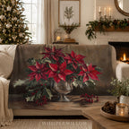 Christmas Poinsettia Plush Throw Blanket - Red Floral Holly Gift by WhisperWillow Studios