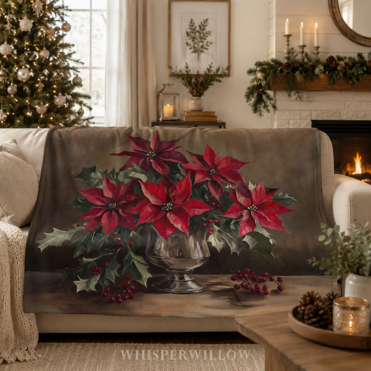 Christmas Poinsettia Plush Throw Blanket - Red Floral Holly Gift by WhisperWillow Studios