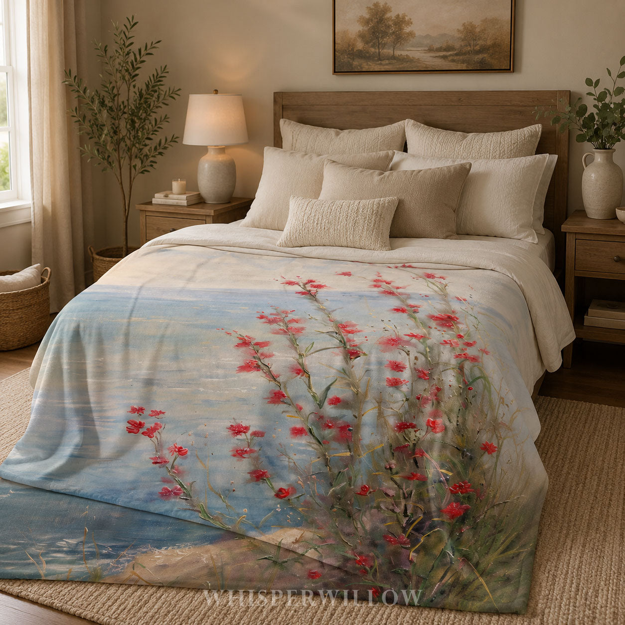 Coastal Wildflower Throw Blanket - Red Floral Seaside Ocean Gift