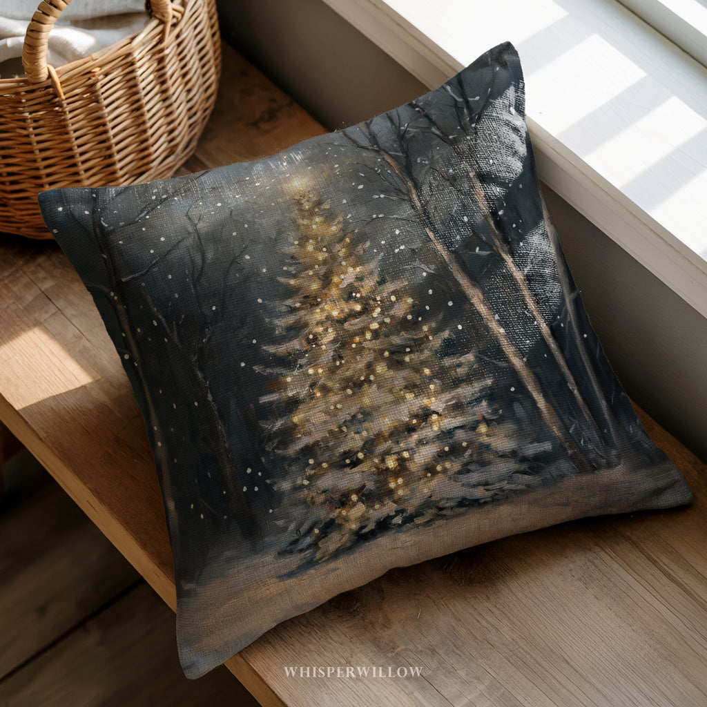 Magical Christmas Tree Throw Pillow | Winter Snowy Forest Scene | Festive Holiday Decor Cushion