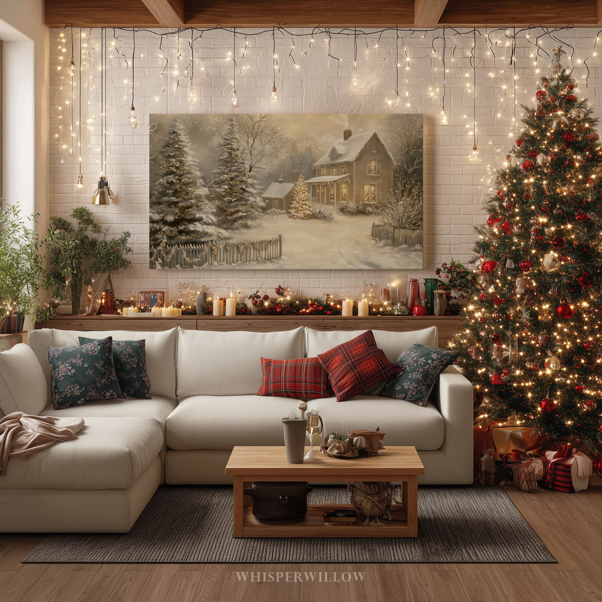 Bezauberndes Winter-Wandbild auf Leinwand – Verschneite Weihnachtslandschaft, festliche Dekoration im Landhausstil
