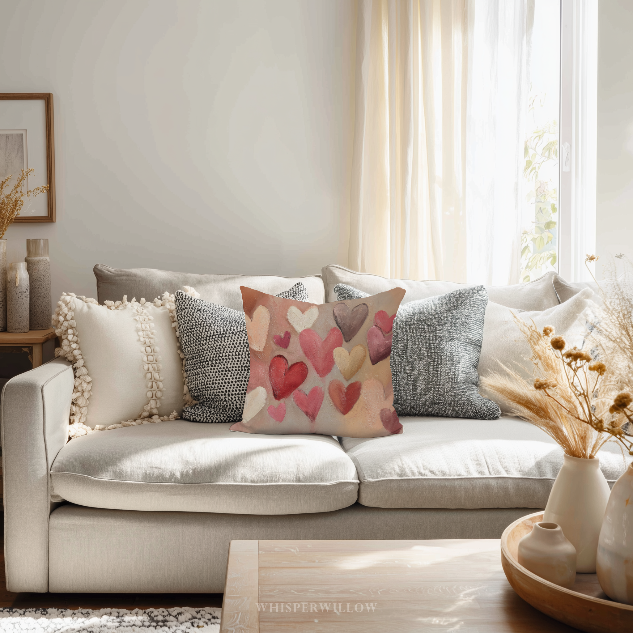 Blush heart abstract throw pillow with pink and cream painted hearts on white background