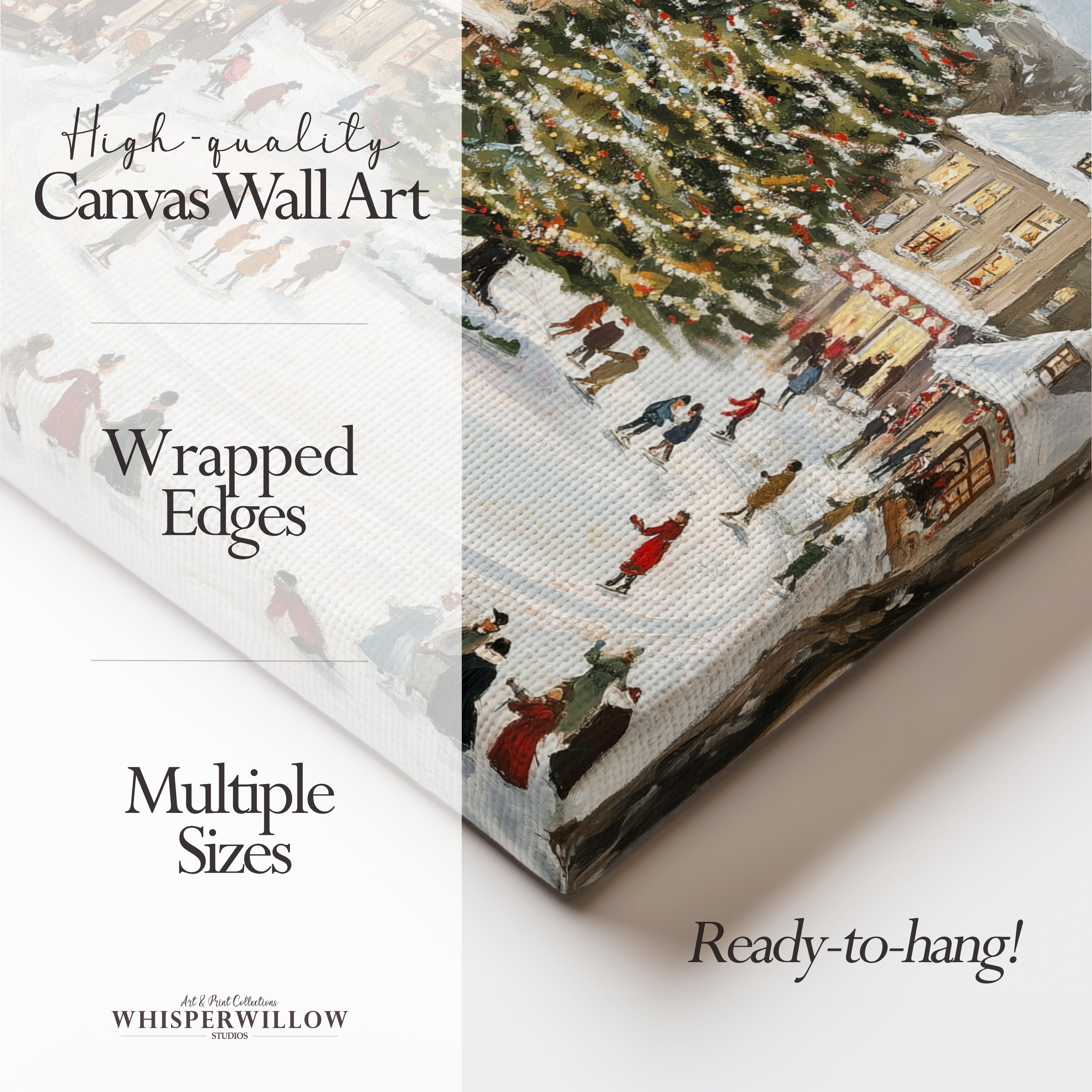 Weihnachtsdorf-Eislauf-Leinwandbild – Vintage-Weihnachtsdorfplatz, nostalgische Winterdekoration