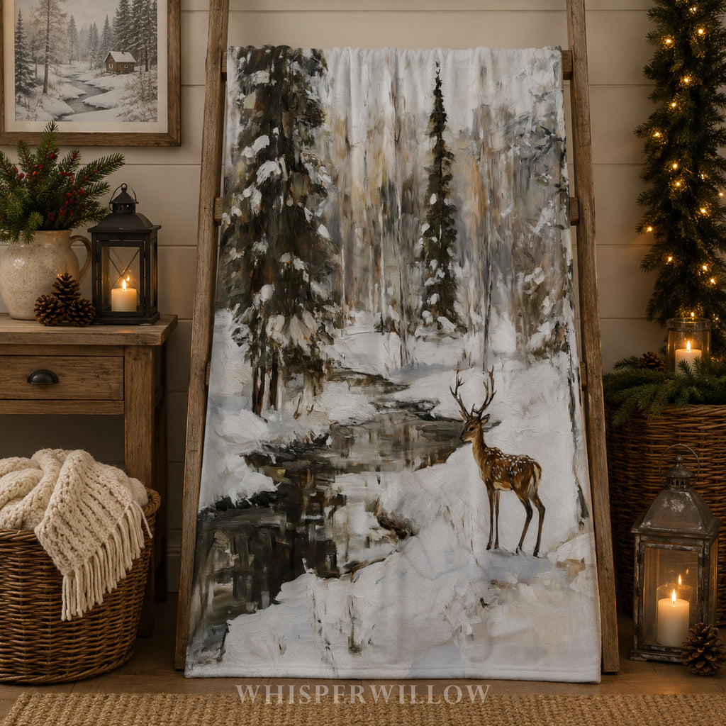 Winter Deer Forest Plush Throw Blanket - Snowy Woodland Stream Gift, Christmas Decor by WhisperWillow Studios