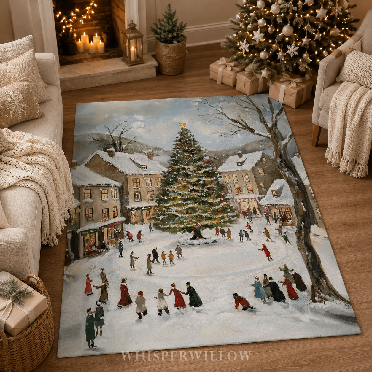 Snowy Village Christmas Throw Blanket - Winter Tree Ice Skating Gift