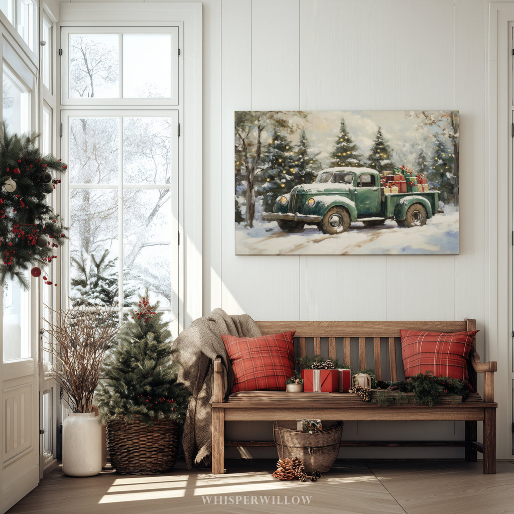 Vintage Green Christmas Truck Canvas Wall Art - Snowy Winter Trees, Rustic Farmhouse Holiday Decor