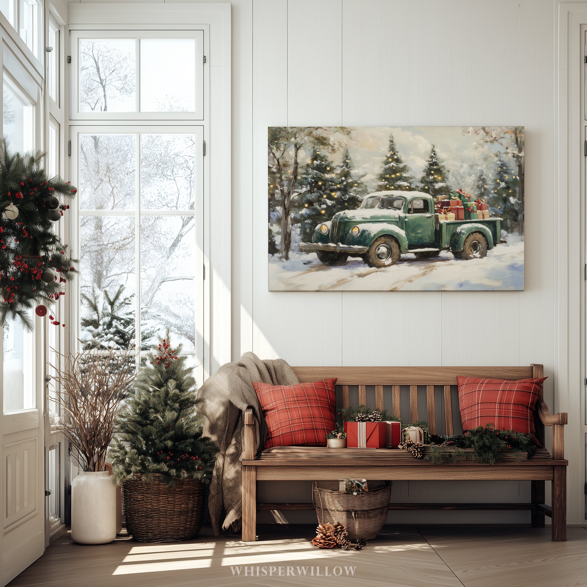 Vintage-Weihnachts-LKW-Leinwandbild in Grün – Verschneite Winterbäume, rustikale Weihnachtsdeko im Landhausstil