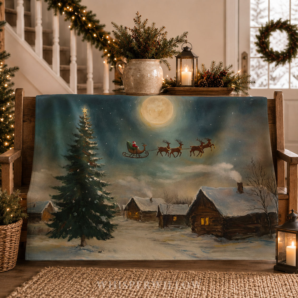 Christmas Santa Sleigh Throw Blanket - Reindeer Moonlit Village Gift