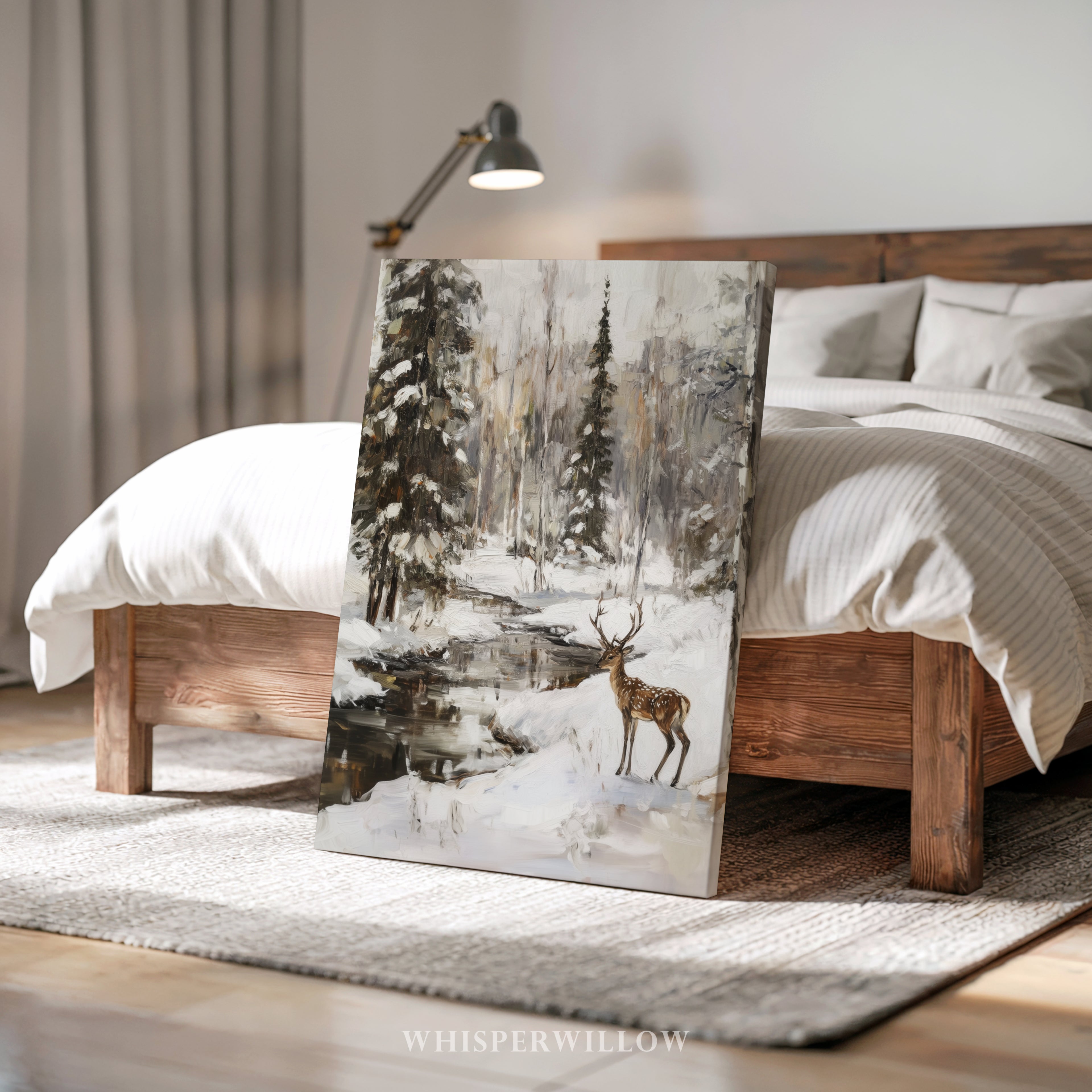 Winterliches Wandbild „Deer Creek“ auf Leinwand – Verschneite Waldlandschaft, Waldtierdekor